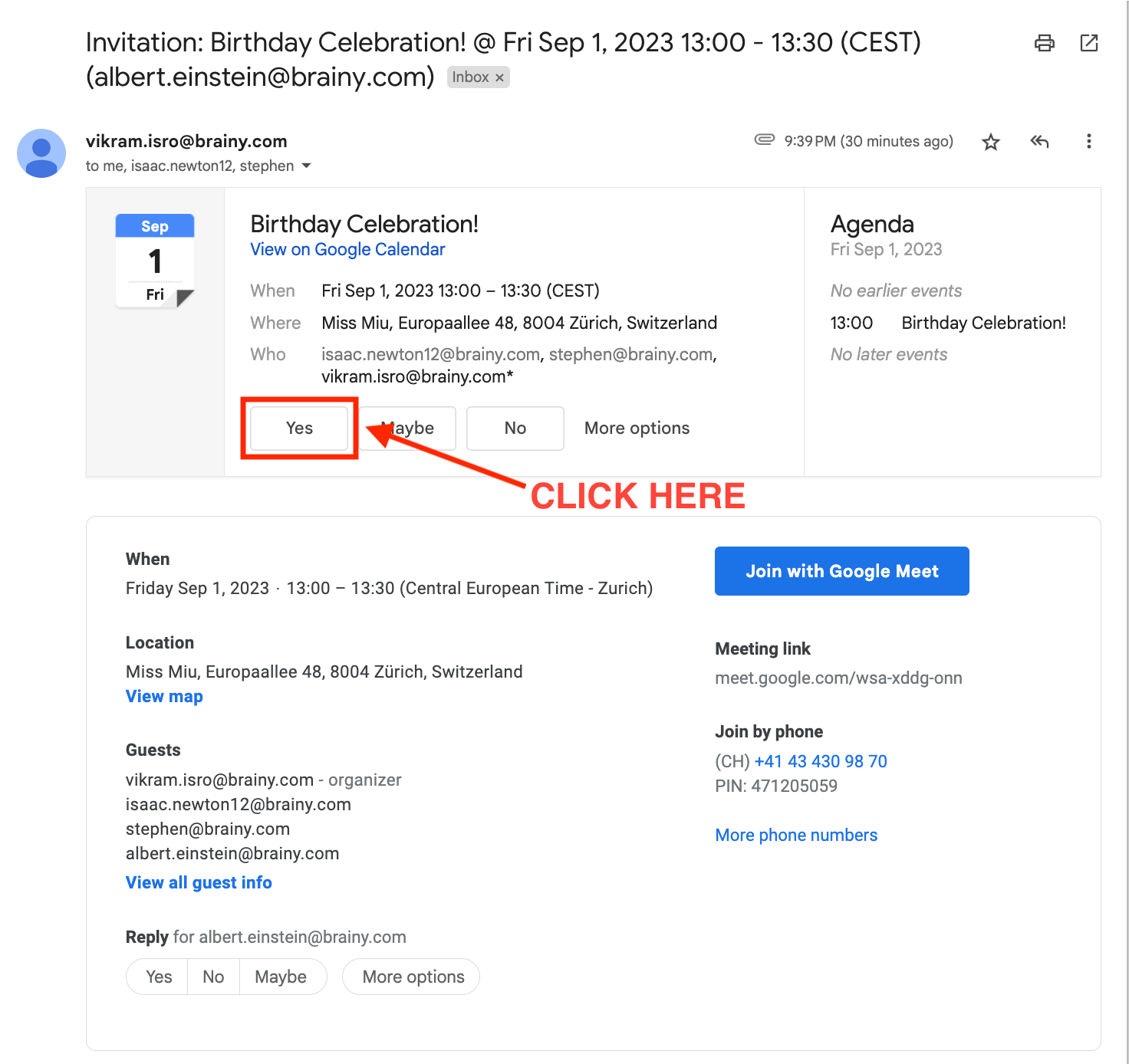 Example calendar event invitation email