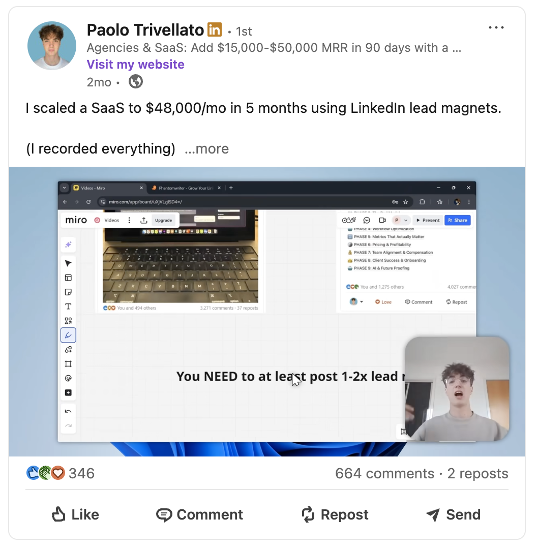 Original client LinkedIn post and its engagement, example 2