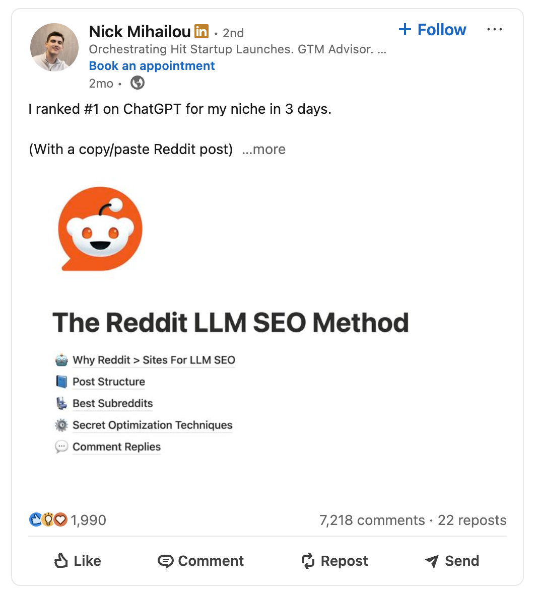 Original client LinkedIn post and its engagement, example 7