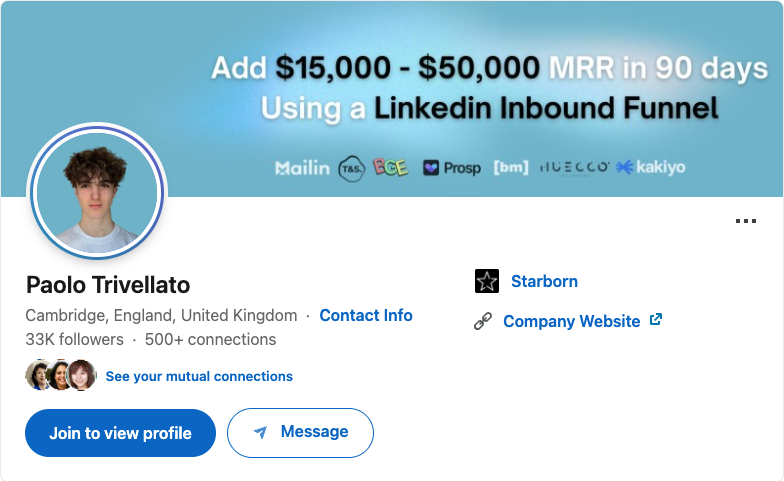Paolo’s own profile makes the offer and next action easy to find.